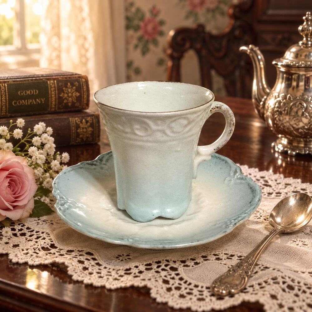 Antique Blue White Porcelain Footed Cup Saucer Embossed Lobed Scalloped